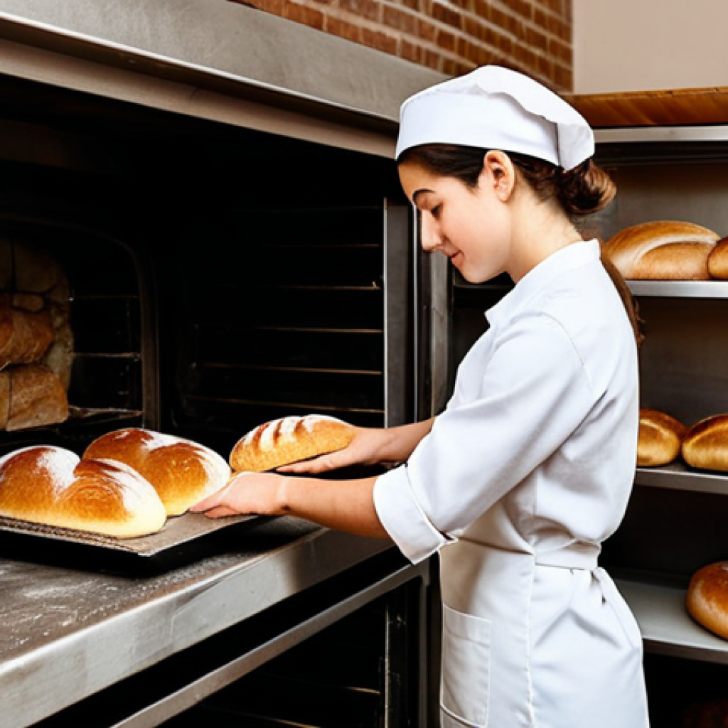 **Image Prompt 1:**
    A professional female baker in a modest, clean baker's uniform, carefully placing a golden-brown, freshly baked artisan bread loaf into a rustic brick oven. The setting is a warm, inviting bakery kitchen with natural light, showcasing shelves of local, organic ingredients in the soft background. The focus is on her well-formed hands and the perfect texture of the bread. Professional photography, high-resolution, soft lighting, fully clothed, appropriate attire, professional dress, perfect anatomy, correct proportions, natural pose, well-formed hands, proper finger count, natural body proportions, safe for work, appropriate content, professional, family-friendly.