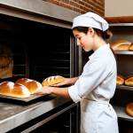 **Image Prompt 1:**
    A professional female baker in a modest, clean baker's uniform, carefully placing a golden-brown, freshly baked artisan bread loaf into a rustic brick oven. The setting is a warm, inviting bakery kitchen with natural light, showcasing shelves of local, organic ingredients in the soft background. The focus is on her well-formed hands and the perfect texture of the bread. Professional photography, high-resolution, soft lighting, fully clothed, appropriate attire, professional dress, perfect anatomy, correct proportions, natural pose, well-formed hands, proper finger count, natural body proportions, safe for work, appropriate content, professional, family-friendly.