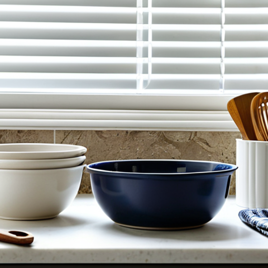제과제빵 실습 도구 관리 요령 - **Prompt:** A clean and organized kitchen scene featuring various baking tools (bowls, whisks, spatu...