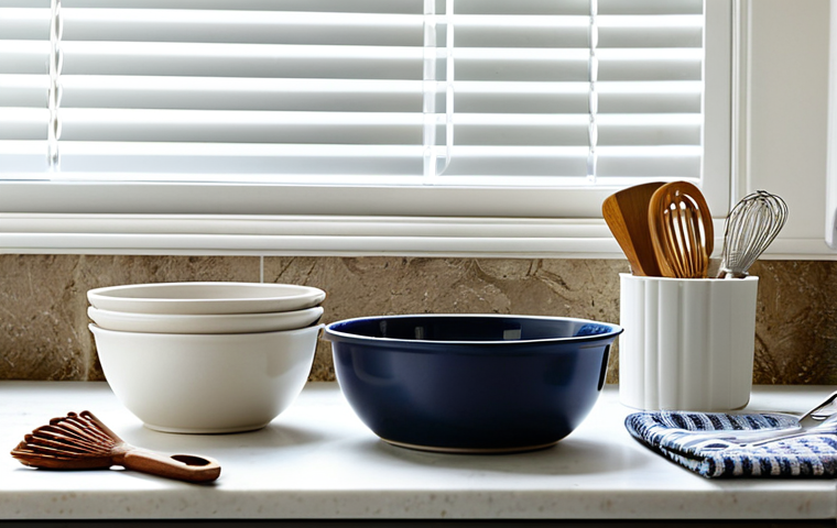 제과제빵 실습 도구 관리 요령 - **Prompt:** A clean and organized kitchen scene featuring various baking tools (bowls, whisks, spatu...