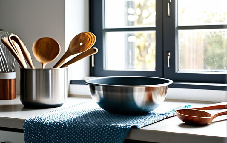 제과제빵 실습 도구 관리 요령 - **Prompt:** Close-up shot of a person's hands carefully washing a wooden rolling pin with a soft spo...
