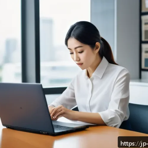 제과제빵 자격증 갱신 방법 - A modern Japanese office setting showing a professional woman in business casual attire carefully re...