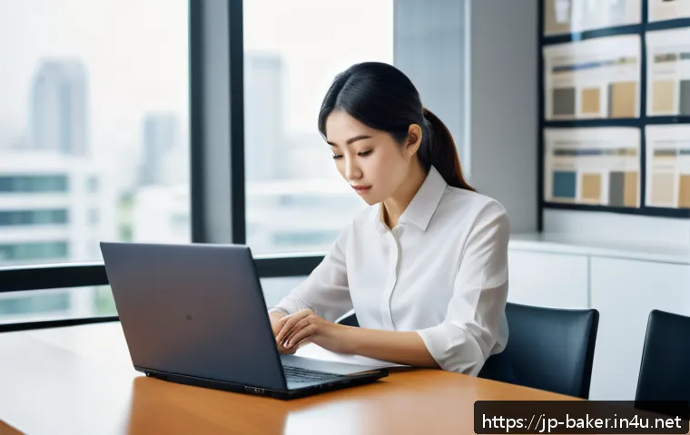 제과제빵 자격증 갱신 방법 - A modern Japanese office setting showing a professional woman in business casual attire carefully re...