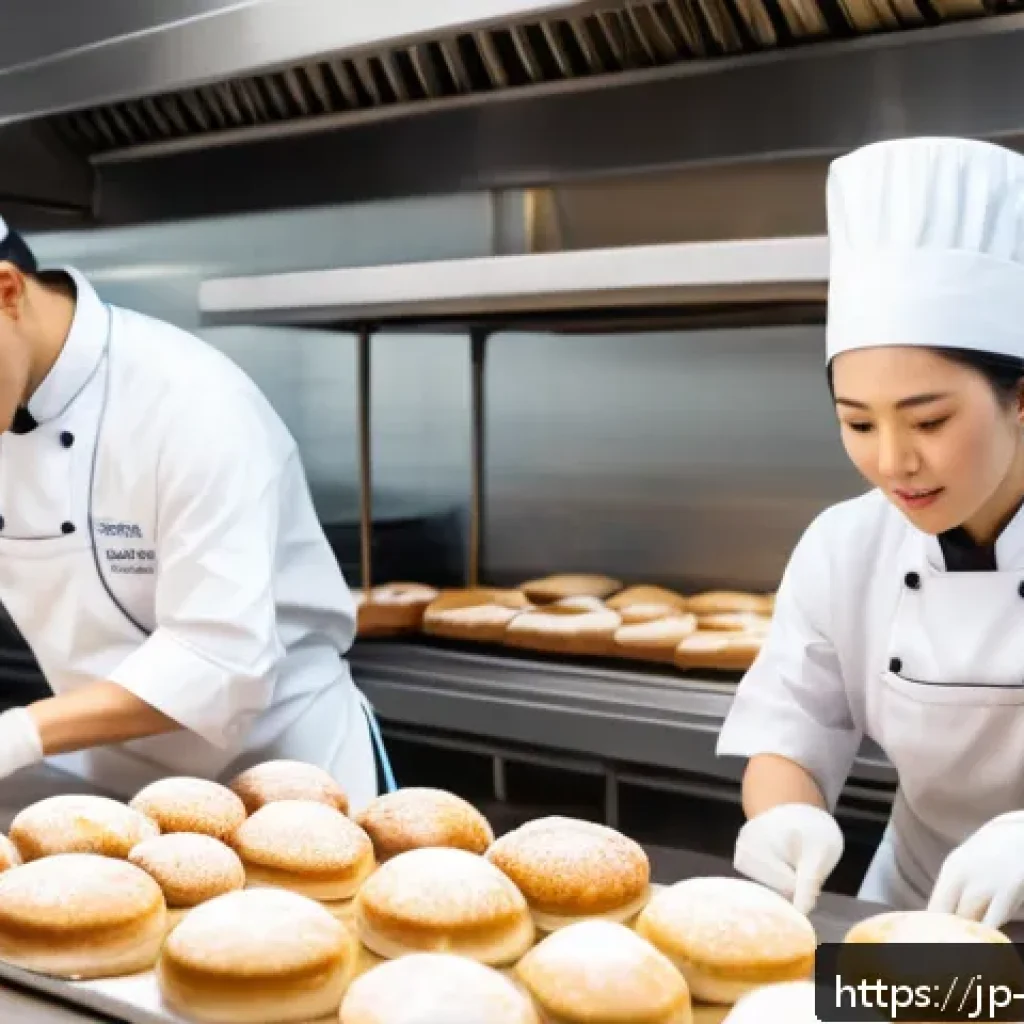 제과제빵 직업 만족도 조사 - A bright, modern bakery kitchen early in the morning with warm natural light streaming through large...