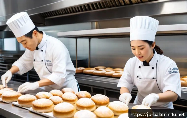 제과제빵 직업 만족도 조사 - A bright, modern bakery kitchen early in the morning with warm natural light streaming through large...