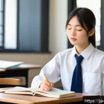 제과제빵 시험 도중 긴장감 극복법 - A calm Japanese student in a modern classroom setting, practicing deep breathing with eyes closed, g...