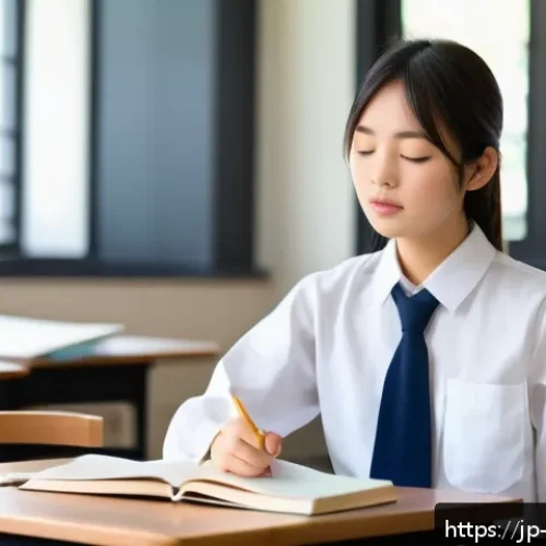 제과제빵 시험 도중 긴장감 극복법 - A calm Japanese student in a modern classroom setting, practicing deep breathing with eyes closed, g...