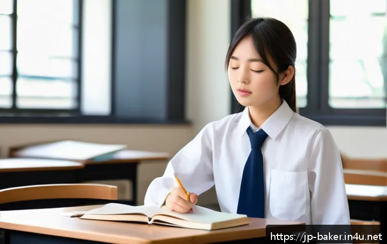 제과제빵 시험 도중 긴장감 극복법 - A calm Japanese student in a modern classroom setting, practicing deep breathing with eyes closed, g...
