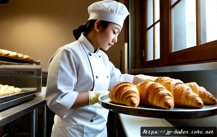 제과제빵 실무에서 필요한 자격증 - Photorealistic Japanese pastry chef in a spotless professional bakery kitchen, wearing a crisp white...